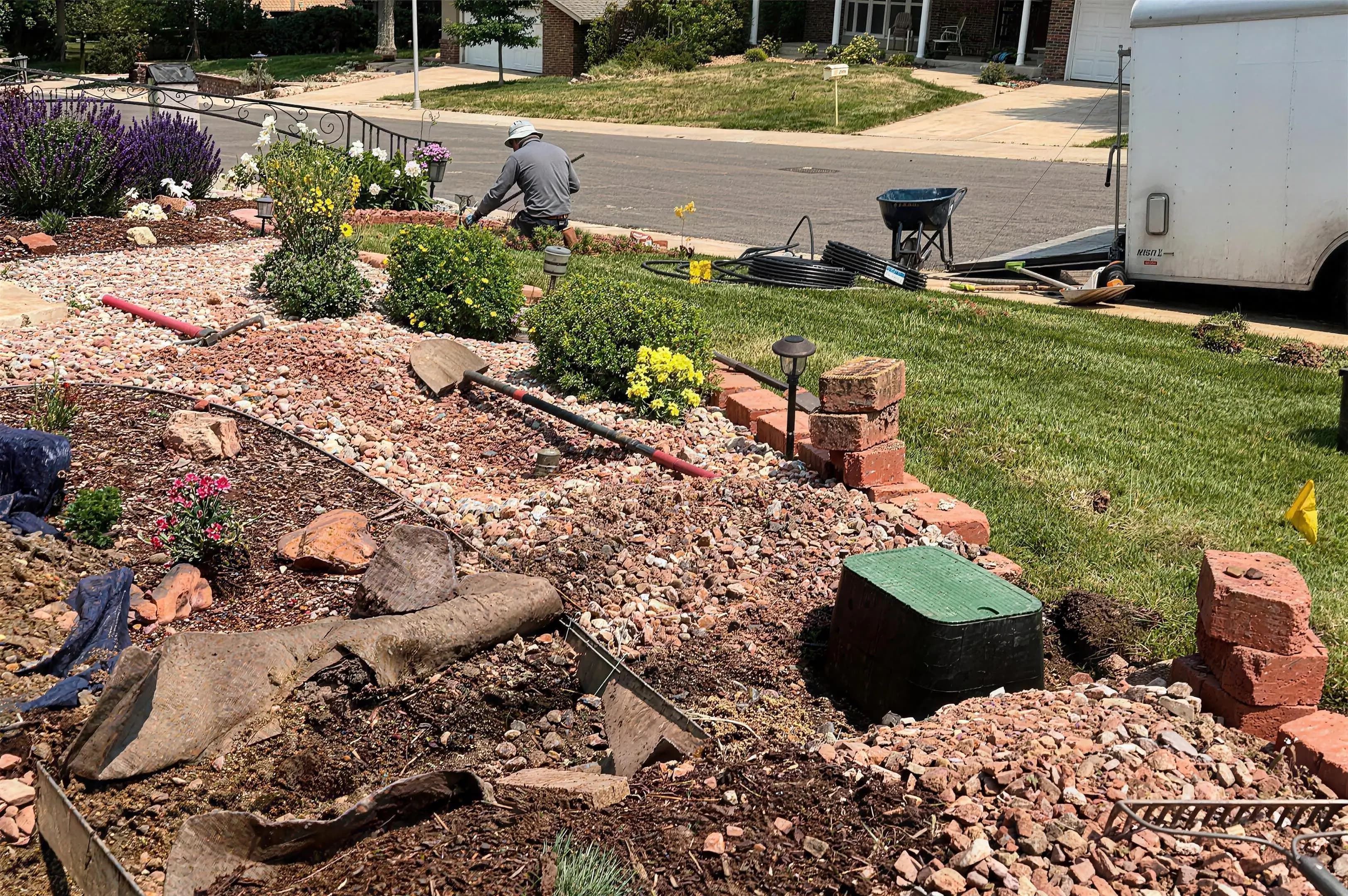 Front-yard landscape renovation in progress with rock, brick edging, and irrigation components